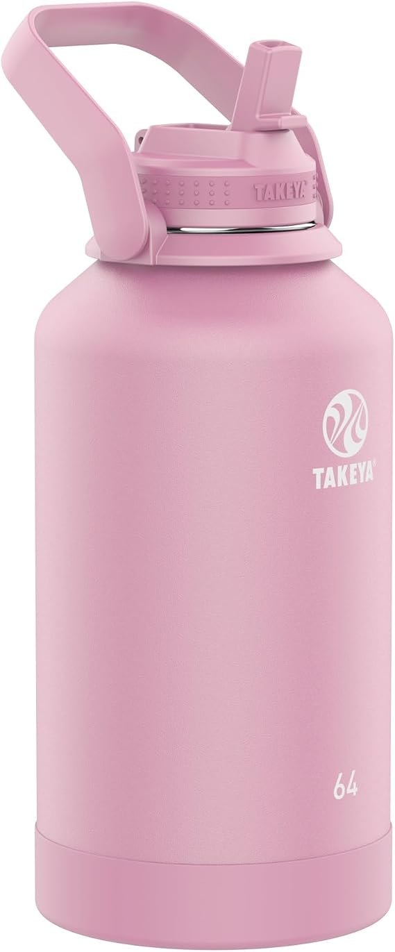 Takeya Actives Water Bottle with Straw Lid - Durable & Easy-Care Water Bottle with Stainless Steel Insulation - BPA-Free Lid with Carry Handle & Straw - Dishwasher-Safe - 64 oz, Pink Lavender