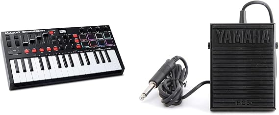 M-Audio Oxygen Pro Mini 32 Key USB MIDI Keyboard Controller With Beat Pads, MIDI assignable Knobs & Yamaha FC5 Compact Sustain Pedal for Portable Keyboards, black