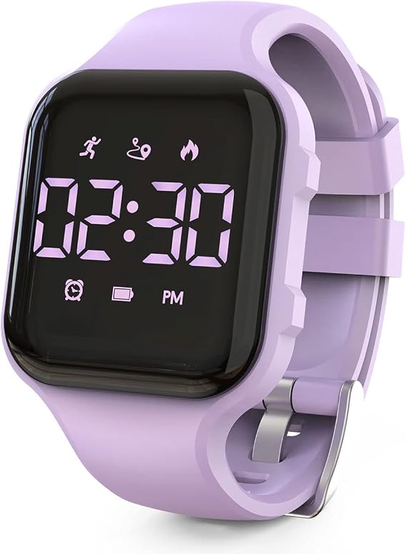 Kids Led Fitness Tracker Watch, Non-Bluetooth Digital Pedometer Wristwatch, Waterproof, 12/24 H, Stopwatch, Calendar, for Children Girls Boys Teens (Purple)