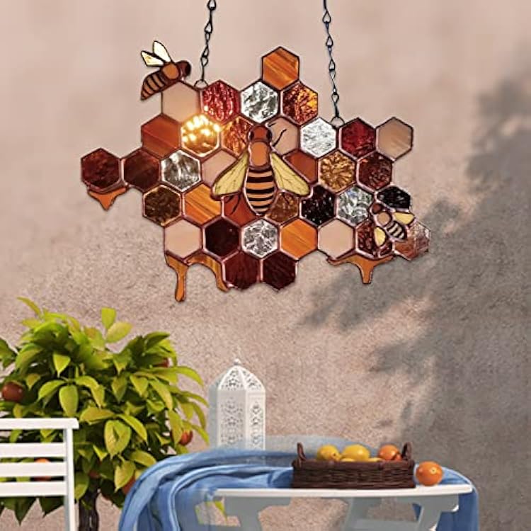 Honeycomb Bee Suncatcher - Honeybee Festival Wall Accessories Summer Decor,Handmade Bee Stained Acrylic Window Hanging for Mom Grandma Birthday Gifts Style-01