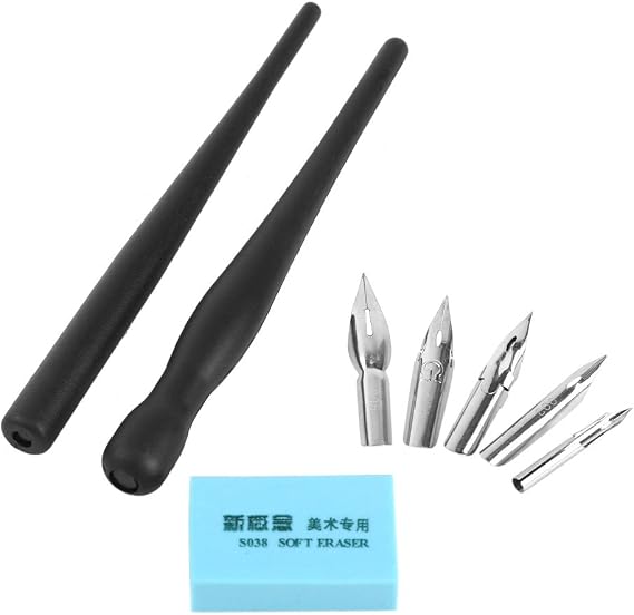 Dip Pen Set for Manga Cartoon Comic Drawing Painting,5 Dip Pen Nibs+2 Holders+Eraser