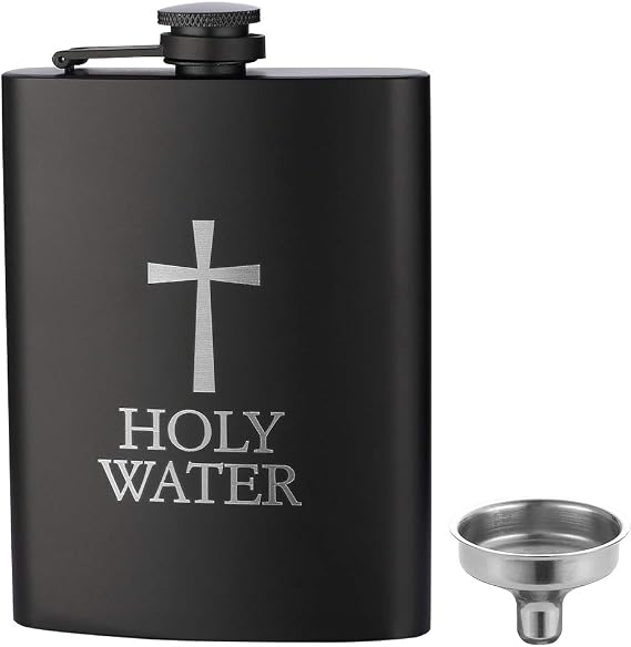 HOLY WATER, JXS 8oz 18/8#304 Stainless Steel Black Hip Flask for Liquor, Leakproof with Funnel Gift Package