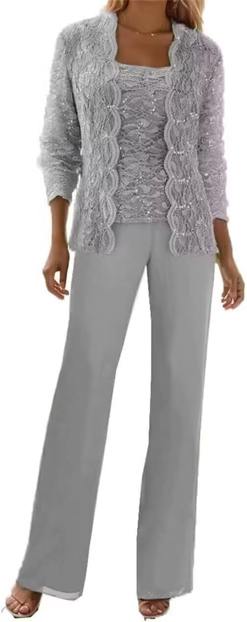 3 Pieces Mother of The Bride Pant Suits for Women Lace Applique Formal Wedding Gust Pantsuits Silver