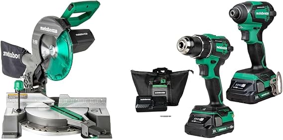 Bundle of Metabo HPT 10-Inch Single Bevel Compound Miter Saw, C10FCG2 + Metabo HPT 18V MultiVolt Cordless Brushless Driver Drill & Impact Driver Combo Kit, KC18DEXQB