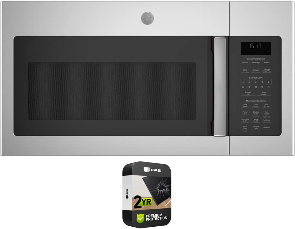GE JVM617 1.7 Cu. Ft. Over-the-Range Microwave Oven Bundle with 2 YR CPS Enhanced Protection Pack