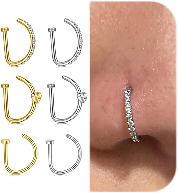 MODRSA Fake Nose Ring Hoop D Shape Fake Septum Piercing Non Pierced Septum Ring Clip on Lip Rings Faux Earring Stud for Men Faux Lip Piercings Jewelry for Women Halloween Jewelry