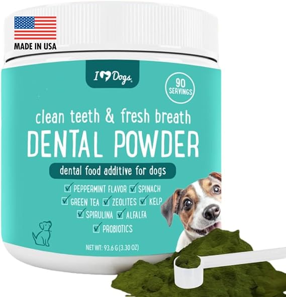 iHeartDogs Clean Teeth & Fresh Breath Dental Powder for Dogs - Targets Tartar & Bad Breath - Natural Herbal Blend with Kelp, Probiotics - Mint, 90 Servings
