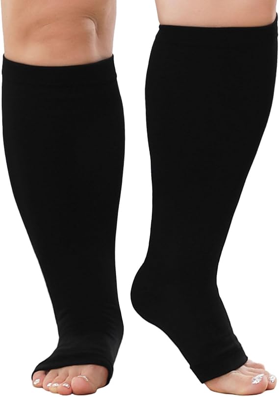 PUTUO Plus Size Compression Socks: Wide Calf Graduated Compression Stockings Men Women Open Toe Extra Large Compression Sock for Support Flight Travel Pregnancy Nurses 20-30 mmHg Black 7XL 1Pairs