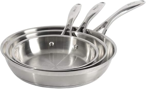 ProCook Professional Stainless Steel Frying Pan Set Uncoated Induction & Oven Safe Pans Dishwasher Safe Cookware - 3 Piece, 20/24/28 cm