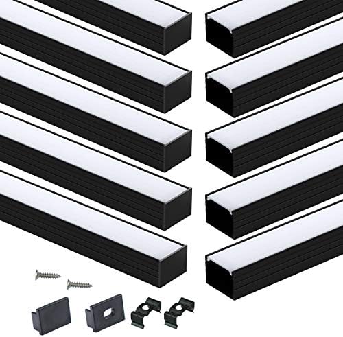 Muzata 10Pack 6.6FT2M Plus-Size Spotless LED Channel Black LED Strip Diffuser Channel with Milky Frosted White Diffuser Cover U103 BW 2M