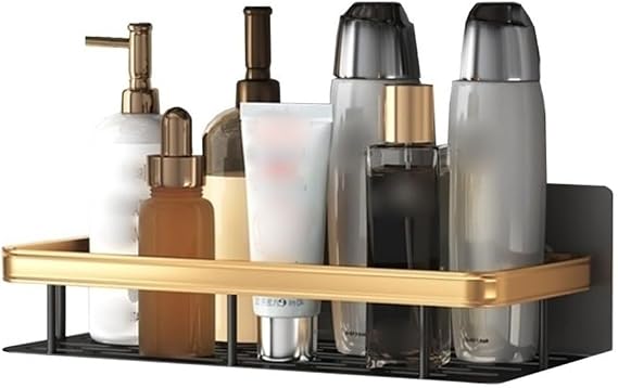 Bathroom Shelves Adhesive Shower Caddy, Wall Mounted Bathroom Organizer, No Drilling Metal Shower Shelf with Gold Fences, Modern Home Decorative Storage Shelves Shower Caddy