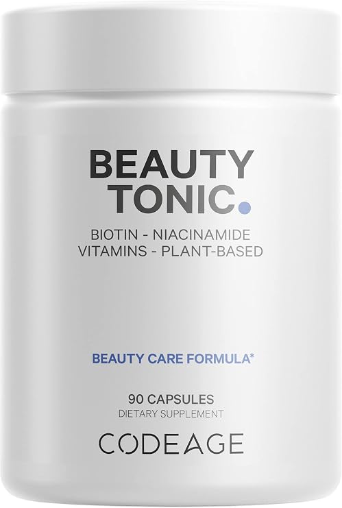 Codeage Biotin Supplement with Vitamin C, Vitamin E, Vitamin B6, Niacin, Folate, Organic Food Blend, Phytoceramides, Astaxanthin, Selenium - Beauty Tonic - Hair, Skin, and Nail Support - Vegan, 90 Ct
