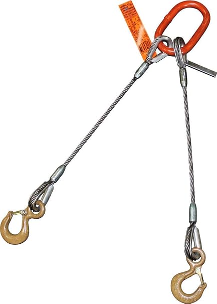 Two Leg Wire Rope Sling | 2.5 Ton Vertical Rated | Eye Hooks with Safety Latches | 3/8" Dia. | 3' Length | EIPS 6x25 IWRC | Hanes Supply (HSI) Heavy Duty Rigging Cable for Lifting and Towing