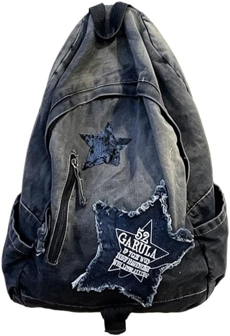 Denim Backpack Y2K Aesthetic Womens College Bookbags Grunge Patchwork Backpack Rucksack Carry Bag (Black)