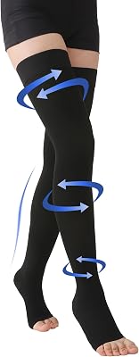 Thigh High Compression Stockings Toeless - Unisex, Opaque, KEKING 15-20mmHg Graduated Compression Leg Support Hose with Anti-Slip Silicone Band - Swelling, Varicose Veins, Edema, Travel, Black Small