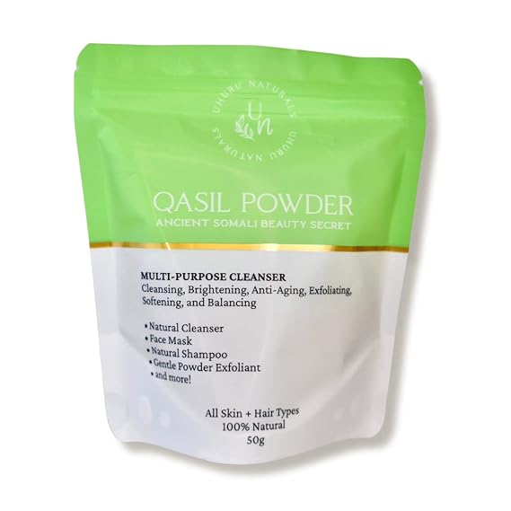 Uhuru Naturals Qasil Powder 50 Grams Ancient Somali Beauty Secret, Gentle Deep Cleansing Facial Mask for Beautiful Glowing Skin. Reduces Dark Marks and Scars. Brightens. Detoxifies.