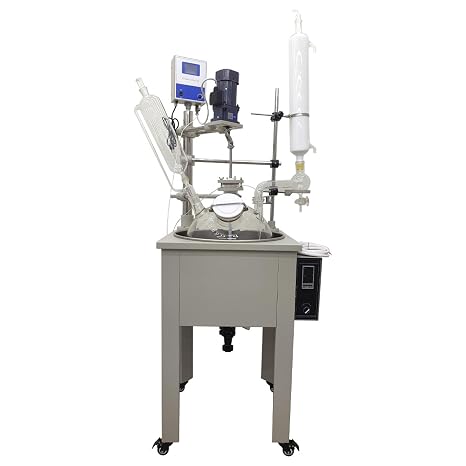 30L Jacketed Glass Reactor, Single Layer Chemical Lab Reaction Vessel Device for Reaction Distillation Stainless Steel Bath Digital Display Adjustable Speed 60-600RPM