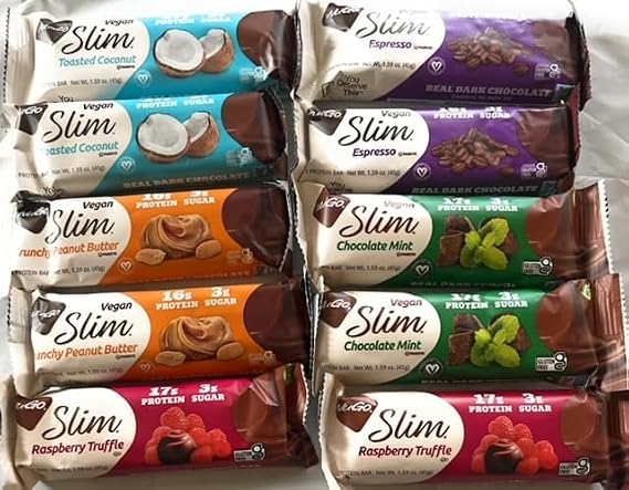 Variety Slim Protein Bar Variety Pack 10 Count 16-17g Protein, 3g Sugar, High Fiber, Low Net Carbs, Gluten Free, 10 Count (5 Flavors) 2 of each Truffle, Mint, Peanut butter, Espresso, Coconut or Brownie Nu Protein, in "The Kitchen Queen" packaging Slim Protein Bars. "Made for NuGo Nutrition"