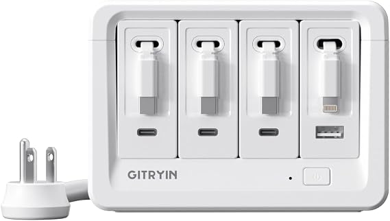Gitryin 1 Lightning, 3 Type-C Retractable Wall Chargers with 1 USB A Port and 1 Power Strip, 12-in-1 Modular Charging Station
