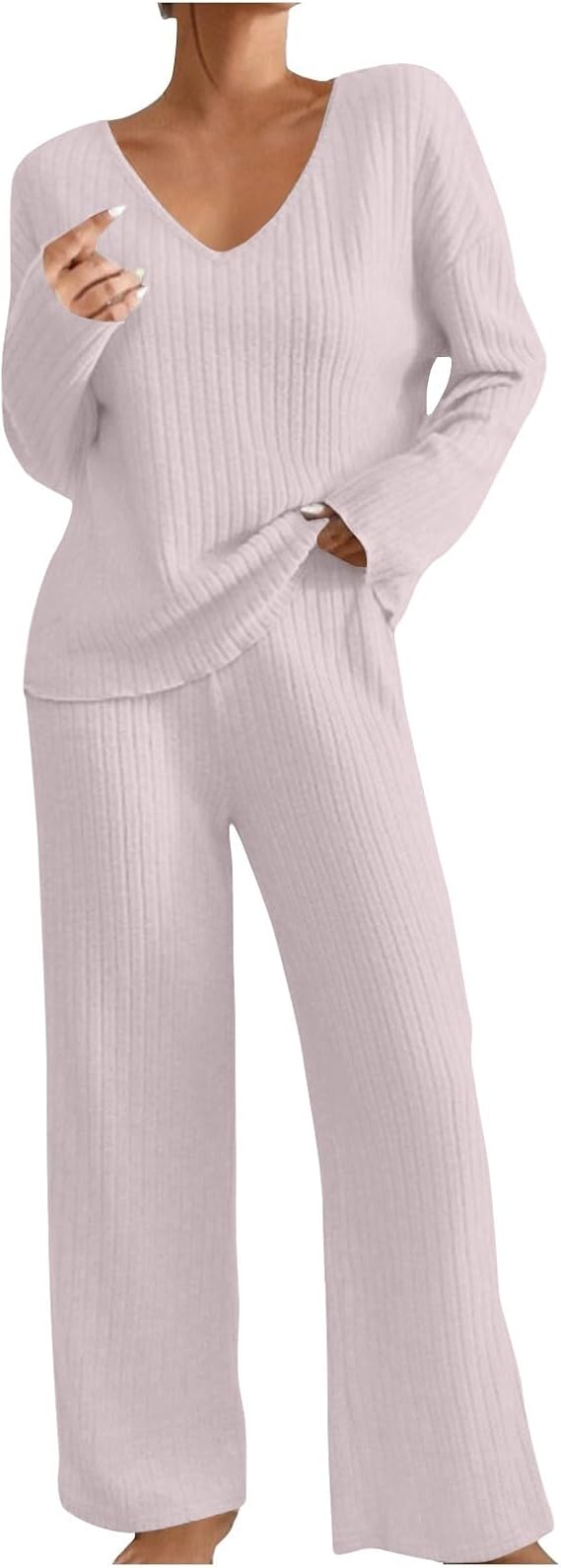 Lounge Sets for Women 2 Piece Long Sleeve V Neck Knit Top Wide Leg Pants Comfy Pajama Sleep Matching Outfits