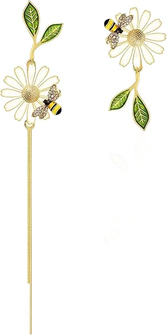 Daisy Flower Dangle Earrings Bee Butterfly Leaf Garden Plant Earrings Asymmetrical Design Long Tail Chain Tassel Earrings for Women