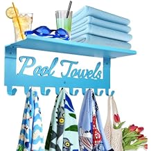 Blue Outdoor Pool Towel Rack with Shelf Pool Decor Wall Hooks Towel Holder Carbon Steel Hanger Organizer Pool Accessories for Hanging Towels, Robes, Clothes, Swimming Suit, Bags, Keys