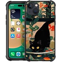 DJSOK Case Compatible with iPhone 14,H Black Cats Eat Fish with Four Corners Shockproof Protection Soft TPU Bumper and Hard PC Pattern Back Case for iPhone 14