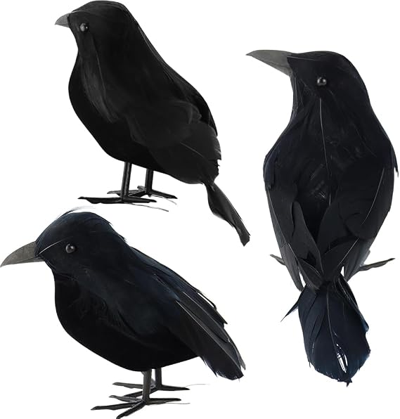 3 Pcs Black Feathered Crows Realistic Halloween Decorations Indoor Outdoor | Realistic Crows, Artificial Handmade, Ravens for Party Outdoor and Indoors, Birds Prop