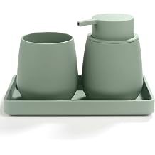 Green Bathroom Accessories Set, Modern 3 Pcs Bathroom Essentials - Soap Dispenser, Toothbrush Holder & Tray, Countertop Vanity Organizer (Green)