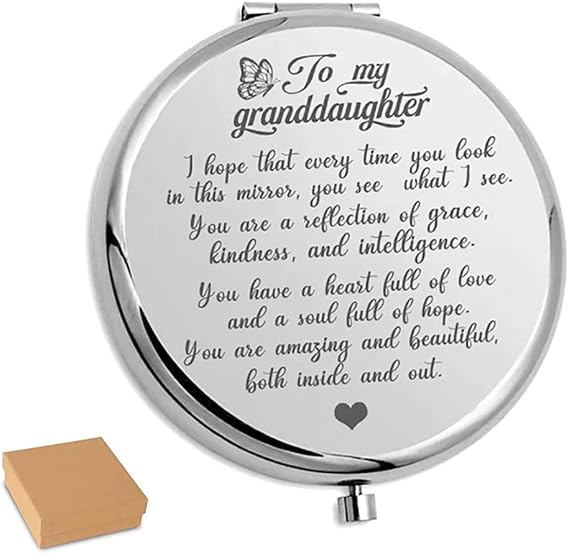 My Granddaughter - Reflection Engraved Hand-Held Folding Mirror, You're Amazing and Beautiful Pocket Mirror, Personalized Travel Makeup Mirror, Compact Mirror Gift for Women Girl (Silver)