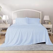 4 Piece 100% Egyptian Cotton King Size Sheet Set 1000 Thread Count Luxury Ultra Soft Bed Sheets Fits Mattress Upto 18" Inch Deep Pocket, King Size - Light Blue Stripe