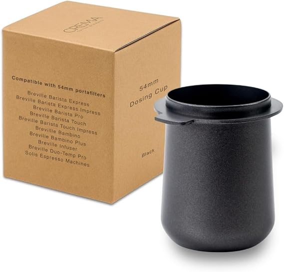 CREMA Coffee Products 54mm Dosing Cup | Compatible with any 54mm Portafilters | Durable 100% Stainless Steel | Built-In Grinder Tab for Easy Transfer | Sleek, Mess-Free Design | Black Finish