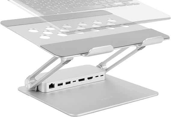VIVO Universal 11 x 9 inch Height Adjustable Ergonomic Laptop Riser Docking Station with USB-C, USB-A, HDMI 4K60, DP 4K60, PD, RJ45, Tabletop Desk Stand Power Hub, Silver, STAND-V000LD