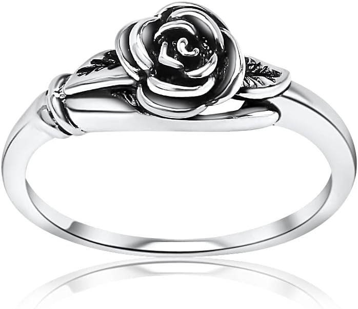 Hoops & Loops 925 Sterling Silver Oxidized Flower Leaves Rose Blooming Branch High Polish Tarnish Resistant Comfort Fit Floral Ring for Women