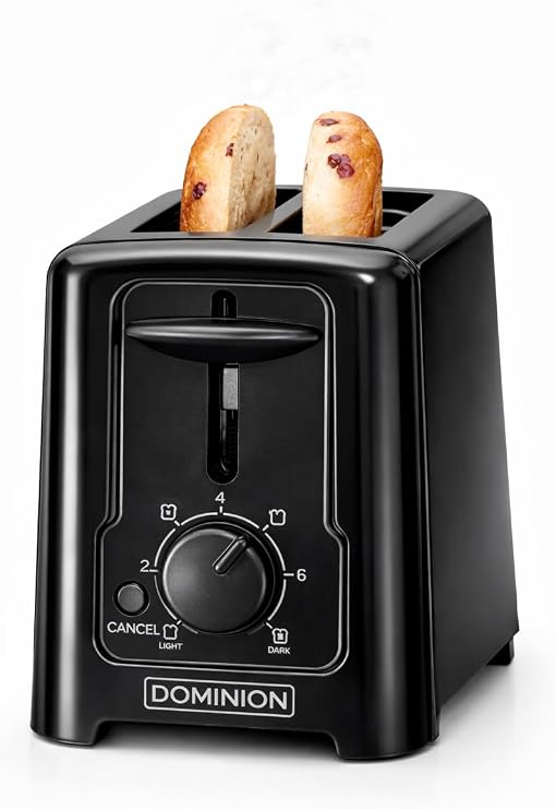 Dominion 2-Slice Toaster with 7 Shade Settings, Toast Boost High-Lift Lever, Slide-Out Crumb Tray, Auto Shutoff, Compact Black Toaster