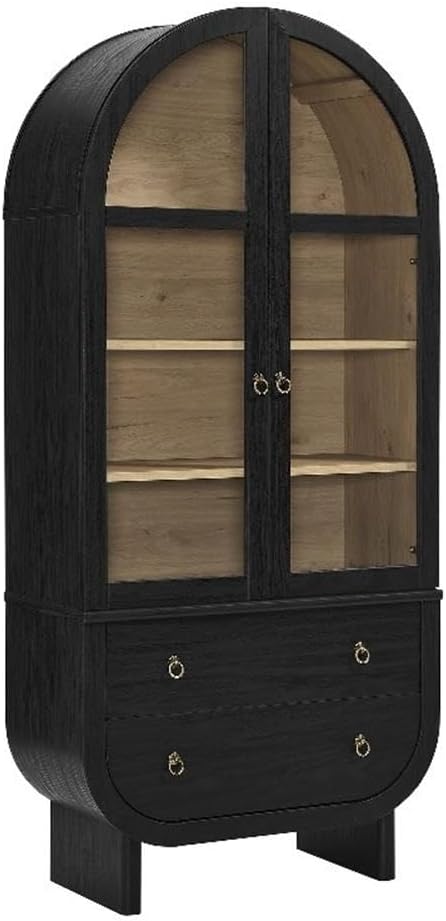 Modway Nyx Arched Display Cabinet in Black Tall Modern Storage Cabinet with Glass Doors and Drawers Arch Cabinet with Adjustable Shelves for Dining Room, Living Room, or Home Office