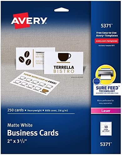 Avery Printable Business Cards, Laser Printers, 250 Cards, 2 x 3.5 (5371) & Shipping Address Labels, Laser Printers, 150 Labels, 3-1/3x4 Labels, Permanent Adhesive, TrueBlock (5264), White