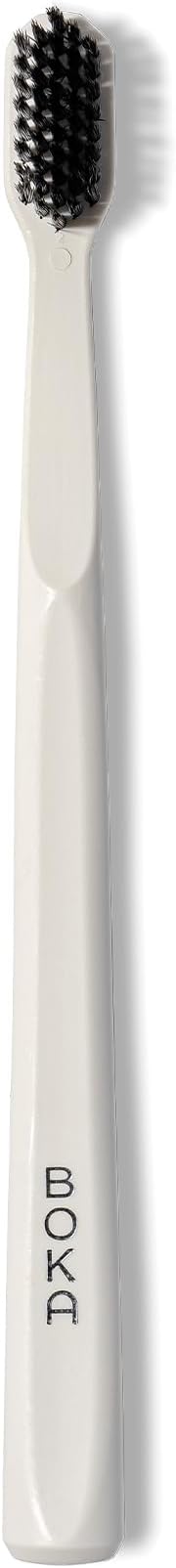 Boka Classic Soft Bristle Manual Toothbrush - Activated Charcoal | Tapered Bristles for Sensitive Gums - BPA-Free Adult and Kids Care - Travel Cap Included - Bioplastic Handle - White, 1Pk