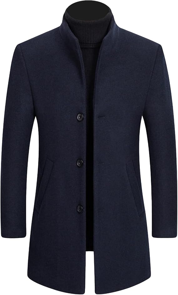 Maiyifu-GJ Men Stylish Wool Blend Trench Coat Slim Fit Business Down Long Overcoat Mid Length Single Breasted Jacket Topcoat (Dark Blue,Medium)