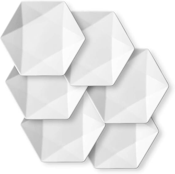 DELLING 7 Inch Appetizer Plates Set of 6, Porcelain Small Dessert Plates, White Ceramic Salad Plates for Snacks Bread Cheese Fruit, Microwave Dishwasher Oven Safe, Geometric Design