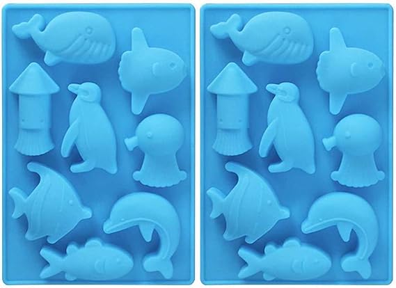 2Pcs Sea Animals Ice Cube Mold - MoldFun Ocean Animals Whale Fish Dolphin Penguin Squid Silicone Mold for Baking Muffin Cake, Chocolate, Jello, Candy, Mini Soap, Lotion Bar, Plaster