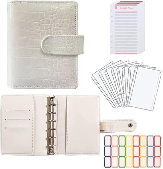 eleger A7 Crocodile Budget Binder Kit - Mini Money Organizer for Saving, Cash Stuffing Envelope System, Planner Binders with Pockets, Sheets and Stickers, Beige