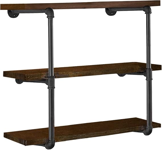 HITOMEN Industrial Iron Pipe Shelves, 2 Set 3-Tier, 28" Tall, 12" Depth, DIY Open Bookshelf Bookcase, Wall Mounted Vintage Retro Shelving, Rustic Farmhouse Pantry Kitchen Storage, Black Shelf Brackets