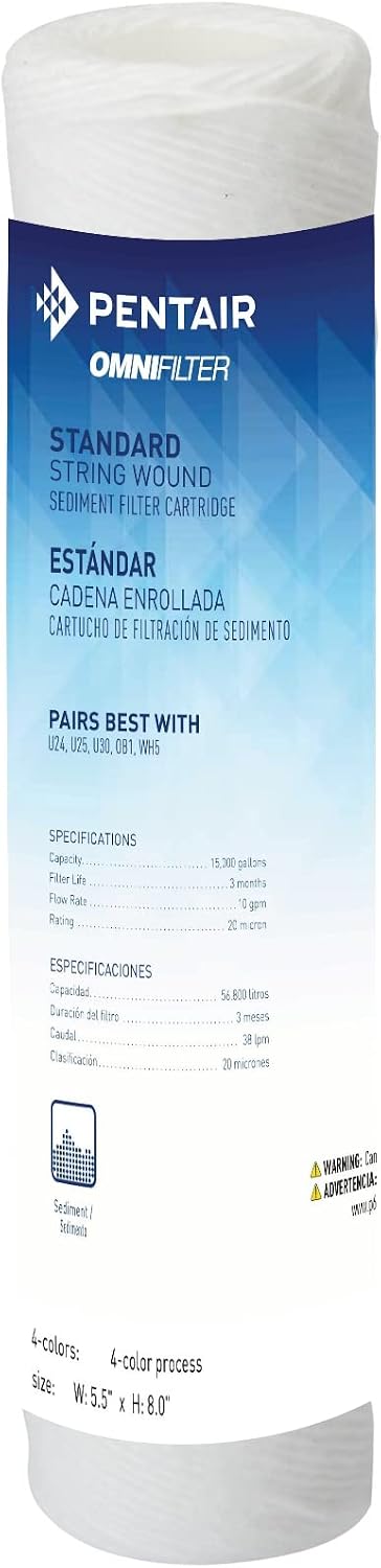 Pentair OMNIFilter RS12 Sediment Water Filter, 10-Inch, Standard Whole House String Wound Sediment Replacement Filter Cartridge, 10 x 2.5, 20 Micron, Pack of 1