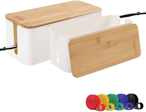 Cable Management Organizer Box, 2 Pack Large Storage Bamboo Lid Wires Concealer Holder for Office Desk, Home, Kitchen, TV, Computer, Cover Hide Tidy Surge Protector Power Strips & Cords (White)