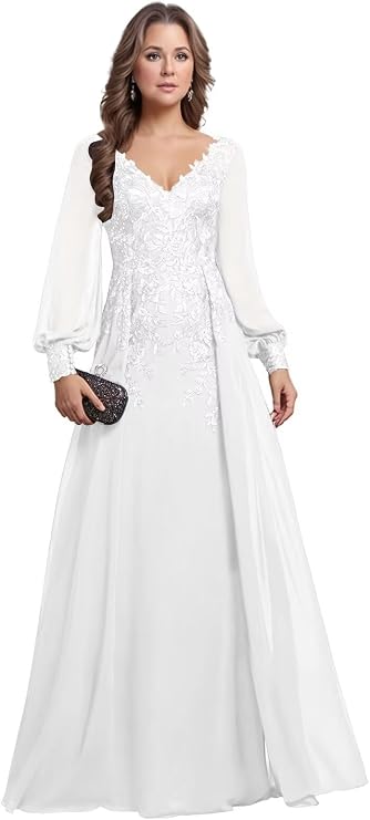 Mother of The Bride Dresses for Wedding Sequin Lace Long Sleeve Chiffon A Line Formal Evening Gowns for Women