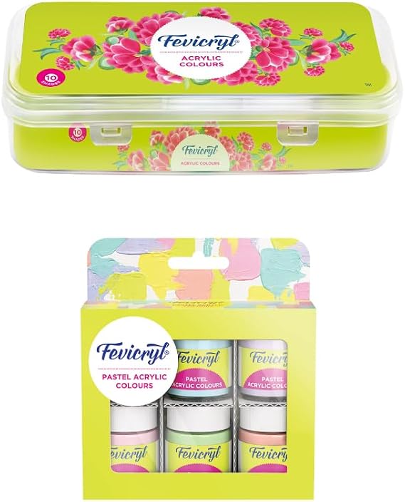 Fevicryl Acrylic Colours Sunflower Kit (10 Colors X 15 Ml) Diy Paint Pastel Acrylic Colours Kit 6 Shades X 15Ml. Ideal For Wood,Glass,Canvas,Metal,Plastic|Gift For Artists,Students,Children-Multicolor