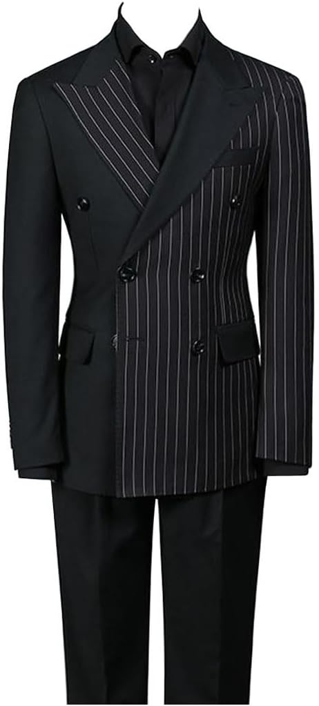 Mens Black Stripes Double Breasted Blazer Pants Groom Prom Fashion Business Tuxedo Wedding 2 Pieces Suits