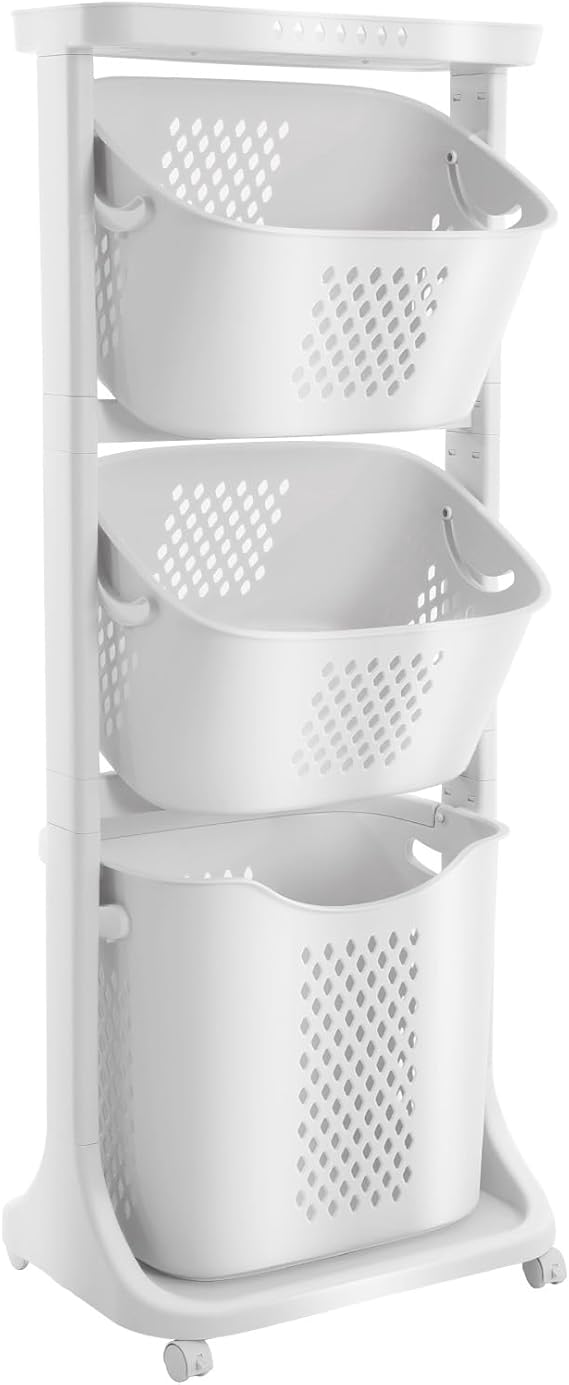 3 Tier Laundry Hamper Basket Sorter W/Wheels & Handle,Clothes Storage Organizer Rolling Cart For Bathrooms Bedrooms, 360 Pulley/Smiley Arc Design, For Clothes,Toiletries,Snacks
