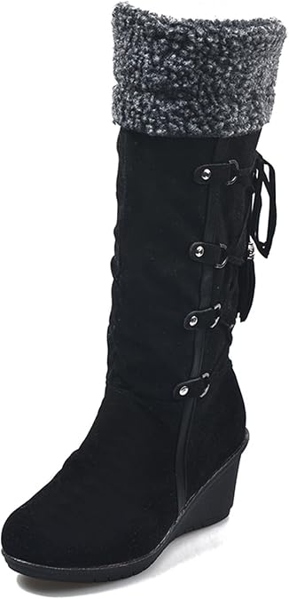 SACFOF Women's Knee High Boots Fleece Suede Slouch Winter Snow Booties Shoes Outdoor Winter Round Toe Wedge Boots